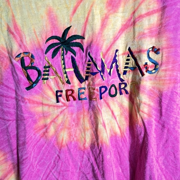 Bahamas Freeport Tie Dye T-Shirt Pink Yellow Embroidered Palm Tree Souvenir M - Picture 2 of 4